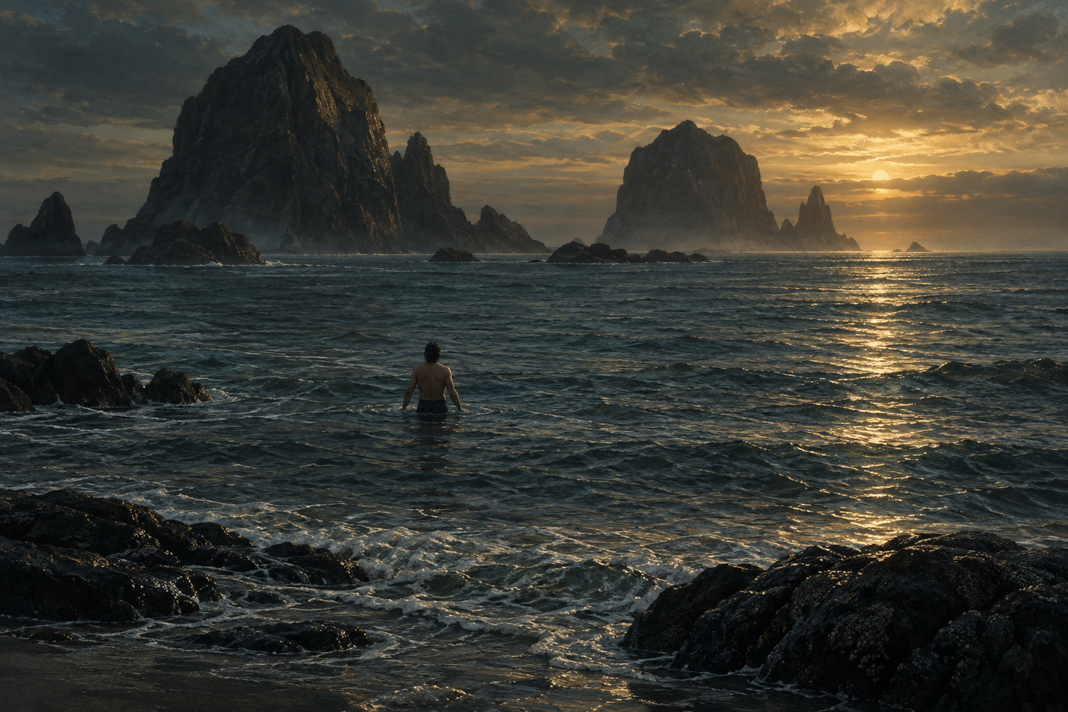 A person wading from shore into a vast sea with offshore rocks