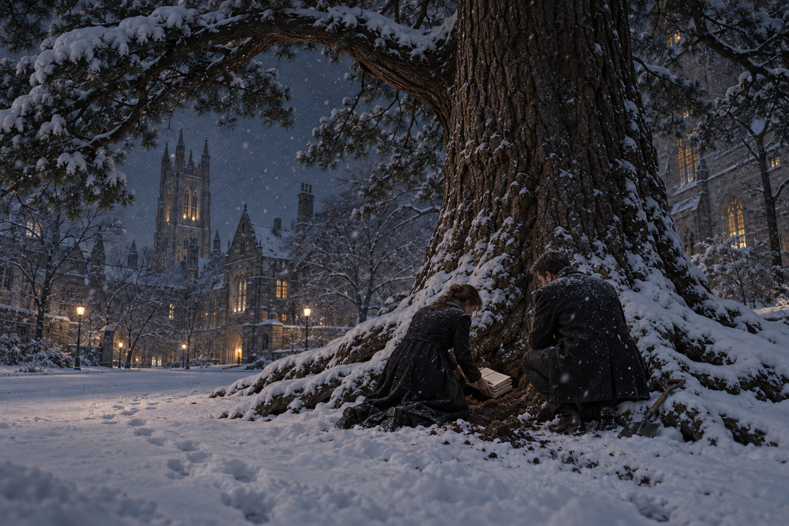 Isabel and her husband bury the manuscript beneath a towering pine on Yale’s campus on a snowy night.
