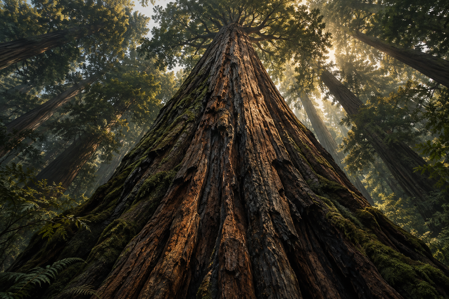 Looking upward along the trunk of an ancient redwood into its canopy