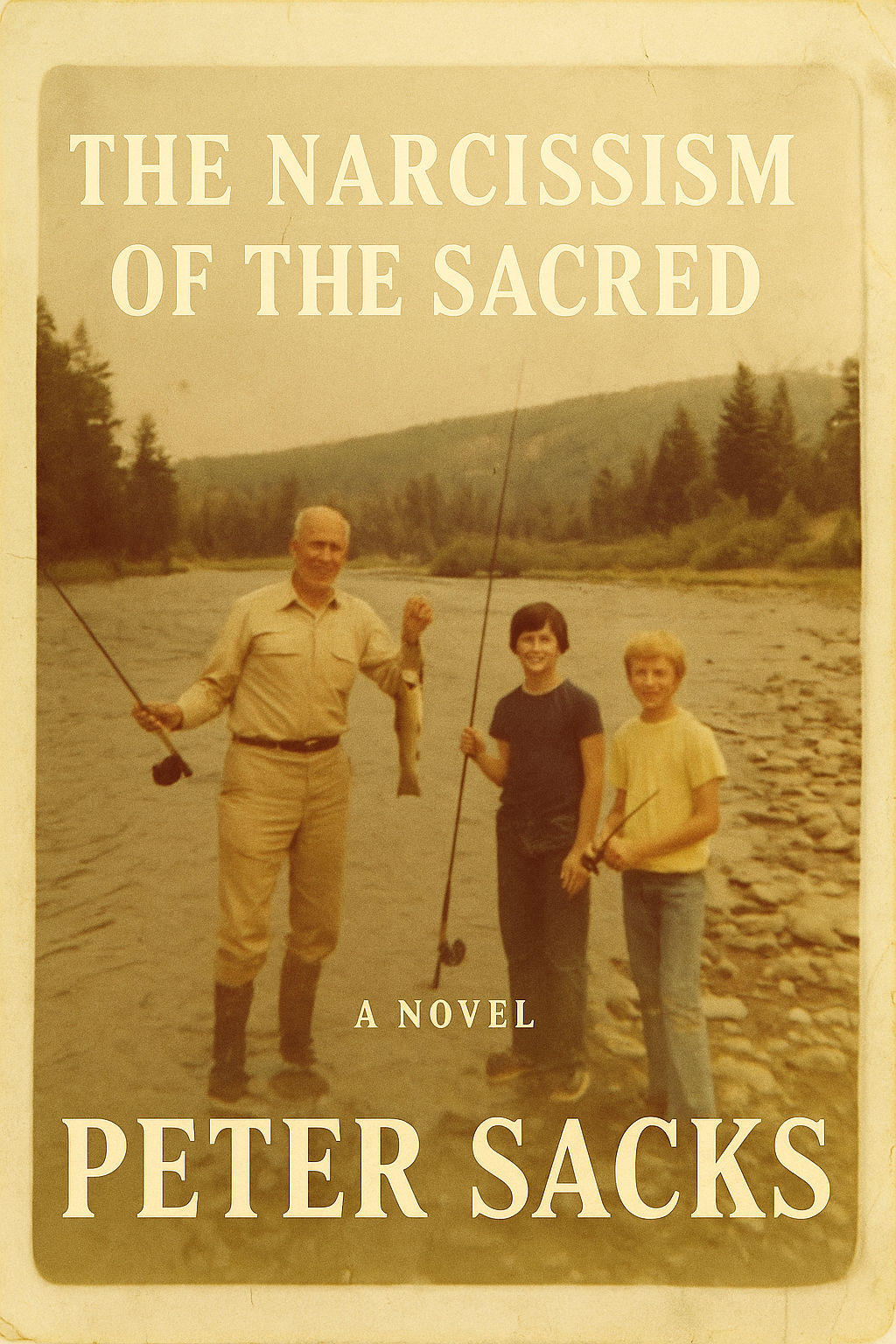 The Narcissism of the Sacred, a novel by Peter Sacks. Imagined cover showing a man and two boys fishing beside a river.