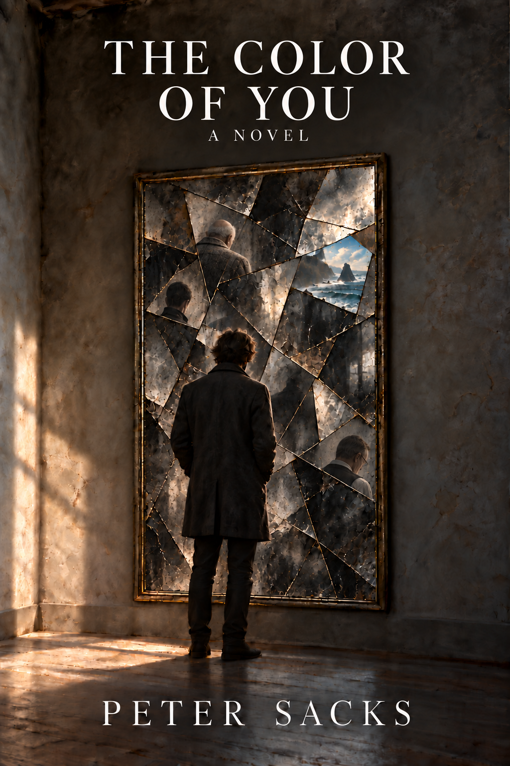 The Color of You, a novel by Peter Sacks. A solitary man faces a fractured mirror containing different male reflections and a glimpse of the Oregon coast.